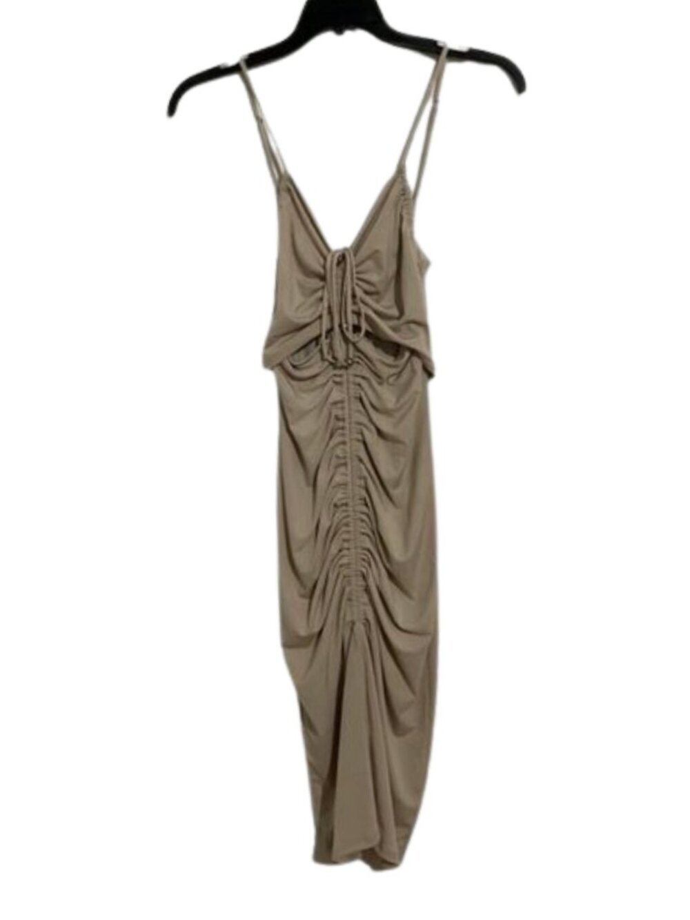 Forever 21 Ruched Midi Dress Small NWT Bodycon Taupe Neutral Strappy Cutout Slip